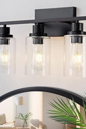 3 Light Bathroom Light Fixtures Black Vanity Light Over Mirror Modern Farmhouse Wall Lighting Sconces Rustic Industrial Wall Lamp for Bathroom, Bedroom, Living Room E26 Socket with Glass Shade