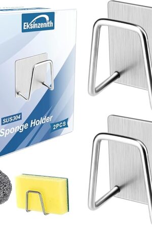 2Pcs Sponge Holder for Kitchen Sink，Strong Adhesive Small Sponge Holder，Sink Holder for Brush and Sponge，Premium Rustproof SUS304 Stainless Steel Rust Proof Waterproof (Silver)