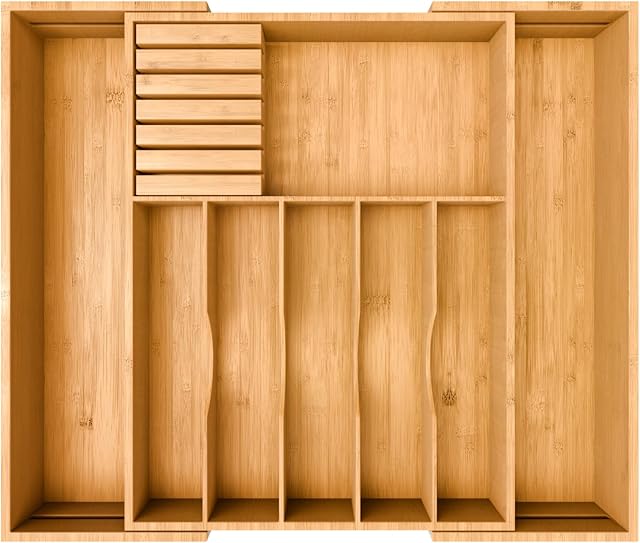 Kitchen Drawer Organizer 100% Bamboo Organizer Tray for Silverware Flatware Cutlery Large Utensils with 8 Compartments