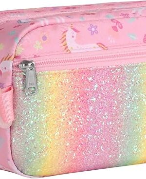 Bagseri Kids Snack Bag Girls - Reusable and Insulated Lunch Bag for Girls, Collapsible Small Lunch Box with Buckle Handle for School and Daycare, Glitter Pink Unicorn