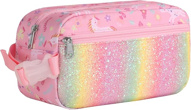 Bagseri Kids Snack Bag Girls - Reusable and Insulated Lunch Bag for Girls, Collapsible Small Lunch Box with Buckle Handle for School and Daycare, Glitter Pink Unicorn