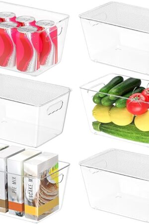 BALEINE Clear Stackable Storage Bins with Lids, Plastic Containers with Handle for Pantry Organizers and Storage, Plastic Bins for Fridge, Kitchen, Bathroom, Cabinet (10x6x5, 6PK)