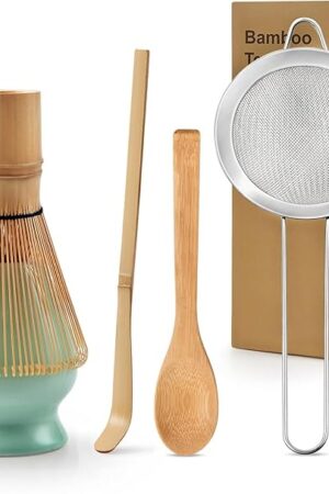 5Pcs Matcha Whisk Set, 100% Natural Bamboo Matcha Whisks Kit, Japanese Matcha Ceremony Accessory, Whisk, Whisk Holder (Green), Sifter, Tea Scoop, Tea Spoon, Gift for Matcha Lovers Beginner