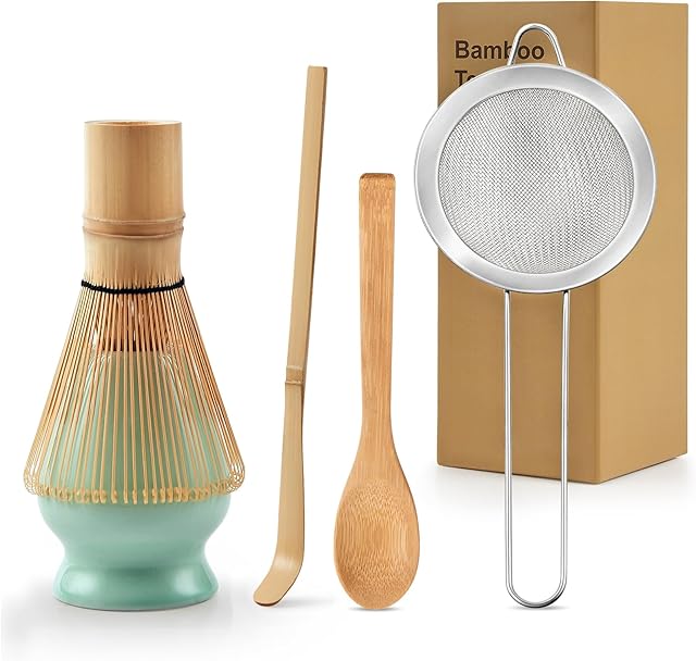 5Pcs Matcha Whisk Set, 100% Natural Bamboo Matcha Whisks Kit, Japanese Matcha Ceremony Accessory, Whisk, Whisk Holder (Green), Sifter, Tea Scoop, Tea Spoon, Gift for Matcha Lovers Beginner