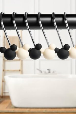 CUweipeng Cute Mouse Shower Curtain Hook - 12pcs Black and Beige Mouse Curtain Hook Ring Rustproof Stainless Steel Decorative Glide Shower Hanger Ring for Kid Bathroom Bedroom Decor Housewarming Gift