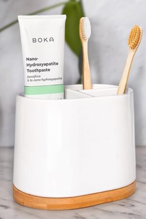 DAILY RITMO® Large Toothbrush Holder for Bathrooms with Bamboo Base | Modern 3 Slots Compartment White Ceramic Marble Like Toothpaste Cup for Electric and Kids Tooth Brushes