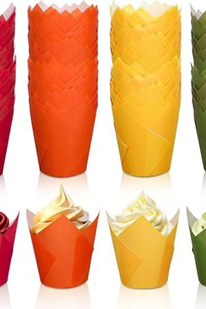 Whaline 200Pcs Fall Tulip Cupcake Liners Autumn Greaseproof Muffin Baking Liners Red Orange Yellow Green Cupcake Wrappers Paper Baking Cup for Thanksgiving Wedding Birthday