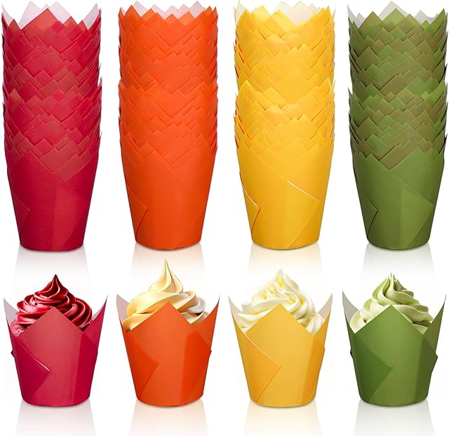 Whaline 200Pcs Fall Tulip Cupcake Liners Autumn Greaseproof Muffin Baking Liners Red Orange Yellow Green Cupcake Wrappers Paper Baking Cup for Thanksgiving Wedding Birthday