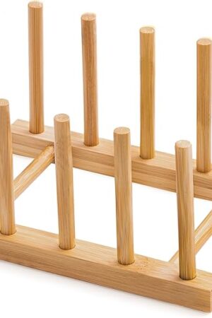Bamboo Dish Drying Rack for Kitchen Counter and Cabinet, Dish/Book/Plate/Bowl/Cup/Cutting Board/Pot Lid Organizer for Kitchen, Living Room, Study, Display Cabinet (4 Slots)