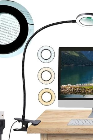 Desk Magnifying Glass with Light 10x, Magnifer with 3 Light Color, 10 Adjustable Brightness, Flexible Gooseneck, Magnifying Lamp with Clamp for Craft, Diamond Painting, Soldering, Elderly