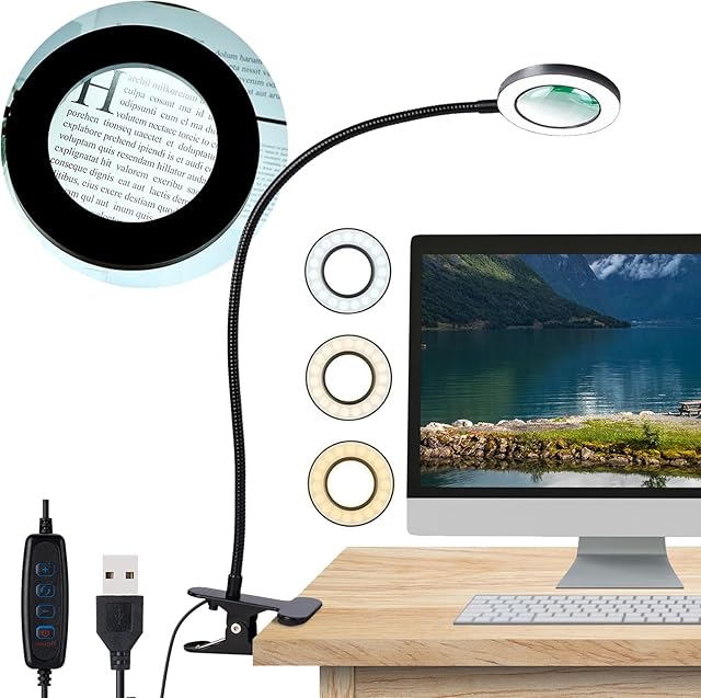 Desk Magnifying Glass with Light 10x, Magnifer with 3 Light Color, 10 Adjustable Brightness, Flexible Gooseneck, Magnifying Lamp with Clamp for Craft, Diamond Painting, Soldering, Elderly