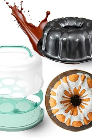 10 inch Bundte Cake Pan Nonstick with 12in Cake Carrier for Easy Transportation - Premium Fluted Cake Pans For Oven, Cake Mold, Moldes para Gelatinas