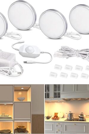 WOBANE Dimmable LED Puck Lights, Under Cabinet Lighting with Switch, Plug in Under Counter Lighting for Shelf, Closet, Cupboard, Bookcase, Display, Super Bright, 2700K Warm White, 4 Pack