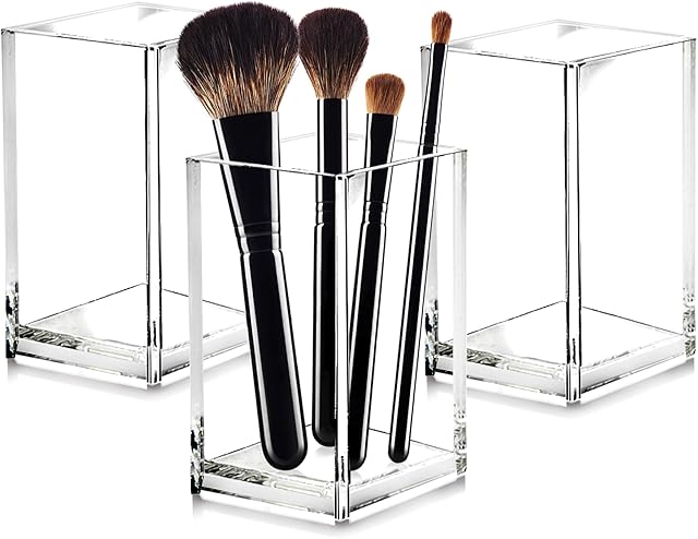 3 Pack Clear Acrylic Makeup Brush Holder,Acrylic Cosmetic Brushes Storage Organizer,Pencil Pen Holder Cup for Desk,Modern Design Desk Accessories for Office School Home Supplies