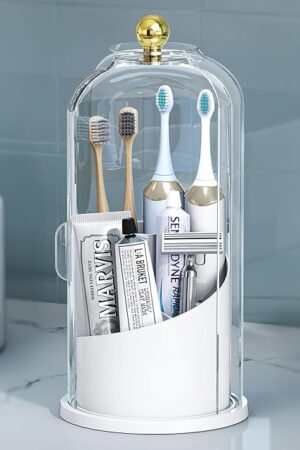 Delamu Toothbrush Holders with 360° Smooth Rotating Base, 3 Slots Bathroom Organizer Countertop with Sliding Lid, Brush Toothpaste Holder Makeup Brush Organizer for Vanity, White