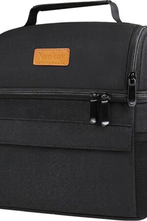 Dual Compartment Lunch Bag for Women Men, Reusable Insulated Lunch Bags Leakproof Large Lunch Box Cooler Tote Bag with Adjustable Shoulder Strap for Office Work Picnic Hiking Beach Party,Black