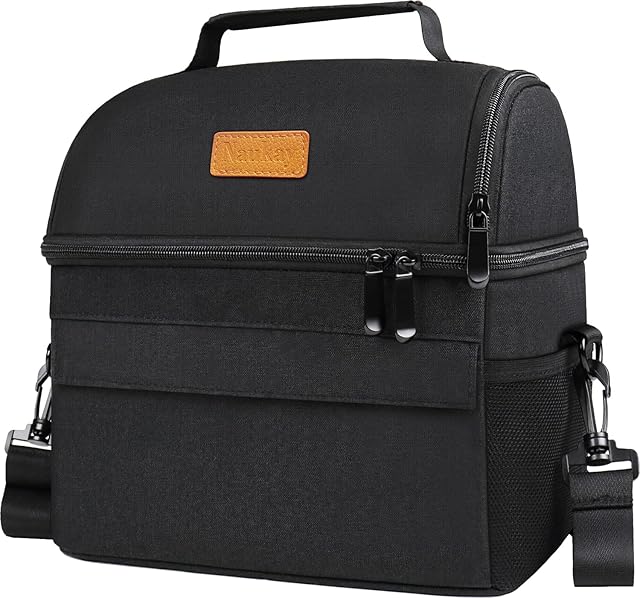 Dual Compartment Lunch Bag for Women Men, Reusable Insulated Lunch Bags Leakproof Large Lunch Box Cooler Tote Bag with Adjustable Shoulder Strap for Office Work Picnic Hiking Beach Party,Black