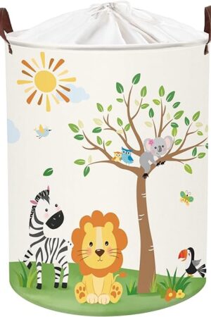 Clastyle 63L Large Jungle Animal Tree Kid Laundry Hamper with Handle Boy Girl Bedroom Bathroom Nursery Collapsible Clothes Toy Storage Basket with Lid