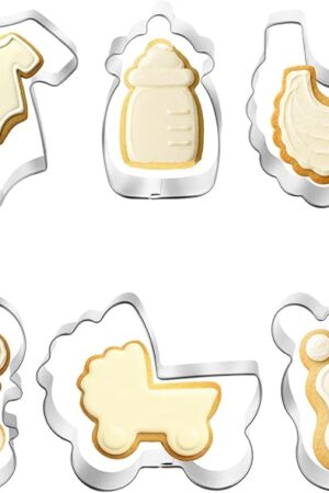 Baby Shower Cookie Cutter Set - 6 Piece - Baby Carriage, Onesie, Bib, lollipop, Bottle, Baby Foot Biscuit Cookie Cutters Fondant Molds, Stainless Steel Cookie Cutters for Baby Shower Birthday Party
