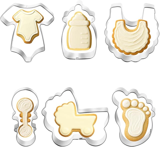 Baby Shower Cookie Cutter Set - 6 Piece - Baby Carriage, Onesie, Bib, lollipop, Bottle, Baby Foot Biscuit Cookie Cutters Fondant Molds, Stainless Steel Cookie Cutters for Baby Shower Birthday Party