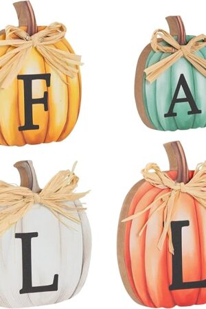 4 PCS Fall Pumpkin Wooden Signs Autumn Small Table Decoration Tiered Tray Pumpkin Tabletop Decor for Thanksgiving Home Kitchen Harvest Party Decor