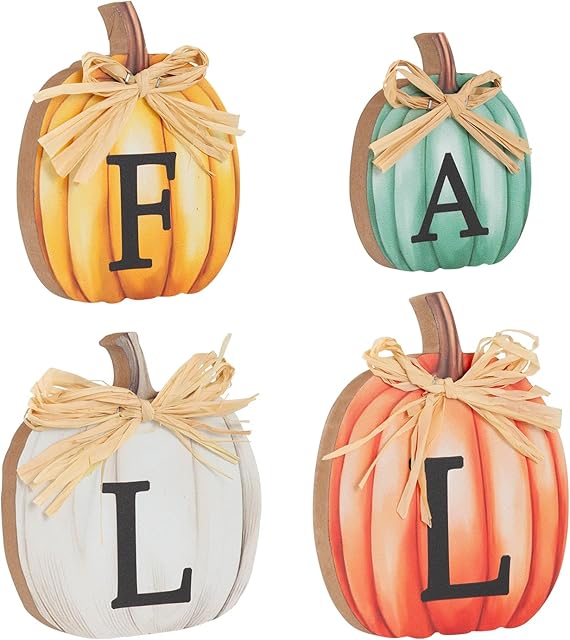 4 PCS Fall Pumpkin Wooden Signs Autumn Small Table Decoration Tiered Tray Pumpkin Tabletop Decor for Thanksgiving Home Kitchen Harvest Party Decor