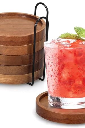 6 Pcs Best Wooden Coasters with Holder Coffee Table Decor Acacia Wood Coaster Set Modern Cup Coaster for Drink Home Dining Table Kitchen Accessories Cute Beer Bar Decorative Rustic Outdoor Coasters
