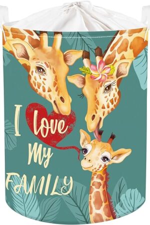 Clastyle 45L Large Green Giraffe Family Kid Laundry Hamper with Handle Collapsible Animal Love Clothes Toy Storage Basket with Lid for Nursery