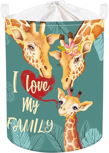 Clastyle 45L Large Green Giraffe Family Kid Laundry Hamper with Handle Collapsible Animal Love Clothes Toy Storage Basket with Lid for Nursery