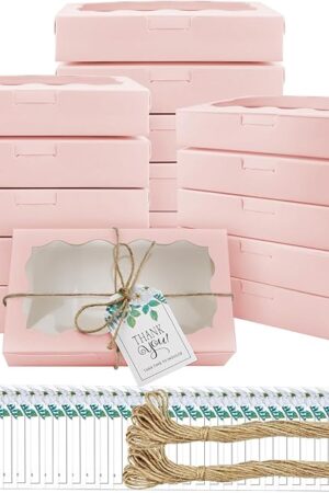 40 Pack Cookie Boxes with Clear Window, 7 x 4 3/8 x 1½ Inch Small Pink Kraft Candy Boxes Premium Pastry Boxes with Tags Ropes for Cookie Packaging, Dessert, Donuts, Pie, Cupcakes, Parties