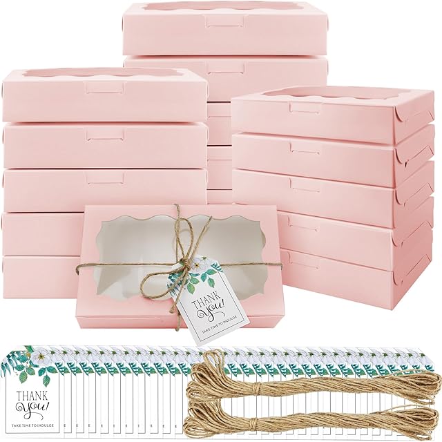 40 Pack Cookie Boxes with Clear Window, 7 x 4 3/8 x 1½ Inch Small Pink Kraft Candy Boxes Premium Pastry Boxes with Tags Ropes for Cookie Packaging, Dessert, Donuts, Pie, Cupcakes, Parties