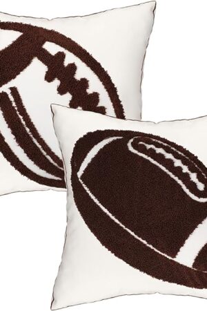 Breling 2 Pack Embroidered Football Throw Pillow Covers Square Decorative Canvas Football Pillow Covers 18x18 Inches Cushion Case for American Soccer Room Decor Sofa Couch Bed Car(Cover Only)
