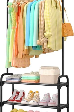 Clothes Rack - Clothing Rack with 2-Tier Shoe Rack and Anti-Slip Stopper, Shoe Organizer for Entryway, Bedroom, or Laundry, Black, 29" × 12.2" × 59.3"
