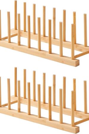 Bamboo Dish Drying Rack-2 PCS Pot Lid Plate Rack Organizer Holder for Cabinet-Cutting Board Organizer for Dish, Pot Lid, Bowl, Cup, Cutting Board