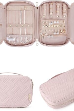 BAGSMART Jewelry Organizer Case Travel Jewelry Storage Bag for Necklace, Earrings, Rings, Bracelet, Soft Pink