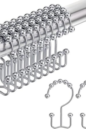 Amazer Shower Curtain Hooks Rings, Rust-Resistant Stainless Steel Double Shower Curtain Hooks, Shower Hooks for Shower Curtain and Liner Bathroom, Set of 12, Chrome