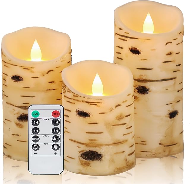 Comenzar Flameless Candles Birch Bark Candle LED Candles Home Decor H: 456" x D: 3.25" Electric Candle Faux Candles with Remote Timer Pack 3