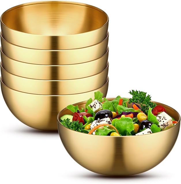 Nuogo 6 Pack Stainless Steel Gold Mixing Bowls Gold Esthetician Bowls for Wedding Party Facial Cereal Rice Noddle Snack Fruit Cereal Snack Appetizer Cooking Baking Serving(5.9 Inches)