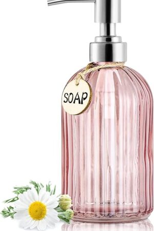 16OZ Fashion Stripe Clear Glass Refillable Soap Dispenser with 304 Stainless Steel Pump Premium Soap Dispenser， for Kitchen, Bathroom, Hand Sanitizer, Liquid Soap, Lotion, etc. (Clear Pink)