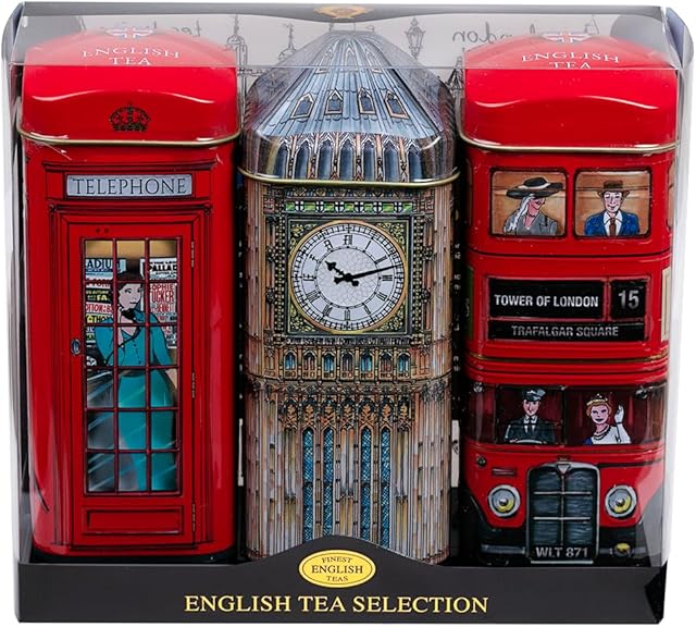 British Heritage 3x Tea Tins with 42 English Teabags (Big Ben, Red London Bus, Telephone Box)