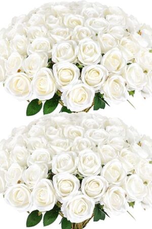 60 Pcs Artificial Roses Bulk Velvet Silk White Roses White Roses for Wedding Centerpieces Bridal Bouquet Mohter's Day Valentine's Day Home Decor (60, White)