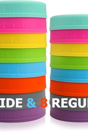 AOZITA [16 Pack] Colored Plastic Mason Jar Lids Fits Ball, Kerr & More - 8 Wide Mouth & 8 Regular Mouth - Storage Caps for Canning Jars, Dishwasher Safe & Food Grade & Leakproof