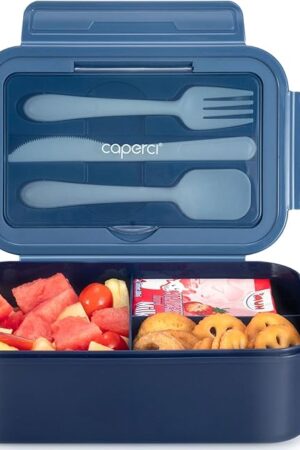 Caperci Classic Bento Box Adult Lunch Box for Older Kids - Leakpoof 47 oz 3-Compartment Containers for Adults and Teens, Built-in Utensil Set, Ideal for On-the-Go Balanced Eating, Navy Blue