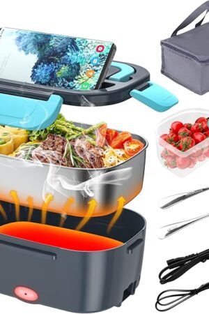 Electric Lunch Box, Food Warmer Heater 12V 24V 110V, 80W Faster Heated Lunch Box for Car/Truck/Home Portable Heating Boxes with 1.5L 304 SS Container Fork & Spoon