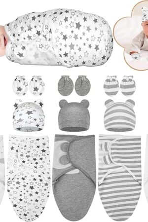 5 Pack Preemie Swaddle Blanket Wrap with Hat and Baby Mittens Set Cotton Preemie Baby Clothes Hat Receiving Blanket for 3-7 Lbs Newborn Boys Girls (Classic Style)