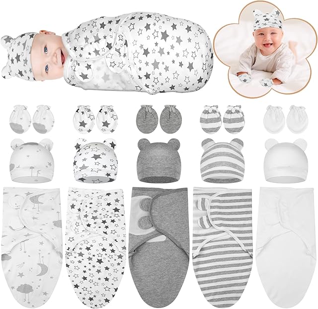 5 Pack Preemie Swaddle Blanket Wrap with Hat and Baby Mittens Set Cotton Preemie Baby Clothes Hat Receiving Blanket for 3-7 Lbs Newborn Boys Girls (Classic Style)