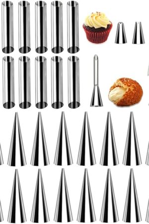 35pcs Cannoli Forms Tubes Kits, Cream Horn Mold, Non-stick Stainless Steel 16pcs Cone Shaped and 12pcs Tubular Shaped Baking Molds for Danish Pastry Lady Lock Form, Cream Roll, Croissant