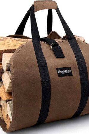 AMAGABELI GARDEN & HOME Canvas Firewood Carrier Firewood Bag Heavy Duty Large Fireplace Carrier Logs Tote Waxed Fire Wood Carring Bag with Handles Wood Sling Log Holder Cabin Stove Accessories