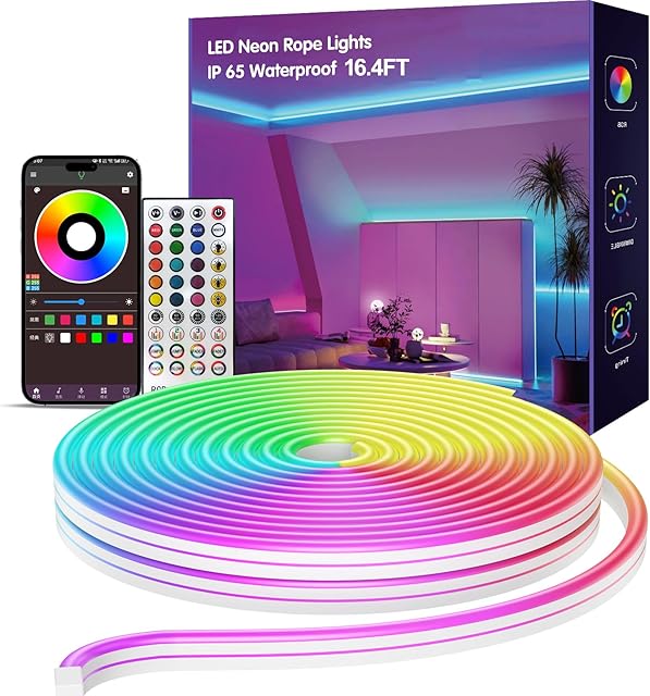 16.4 FT Neon Rope Lights,Bedroom for RGB LED Strip Lights,Outdoor IP65 Waterproof LED Lights, with Remote Control and Application Control, Music synchronous Color Changing Light, DIY Design