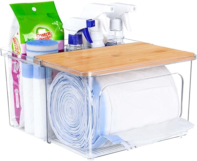 2 in 1 Trash Bag Dispenser Holder - Clear Acrylic Plastic Garbage Bags Container Tissue Box with Bamboo Lid Large Under Sink Organizer Kitchen Pantry Shelf Laundry Room Organization and Storage
